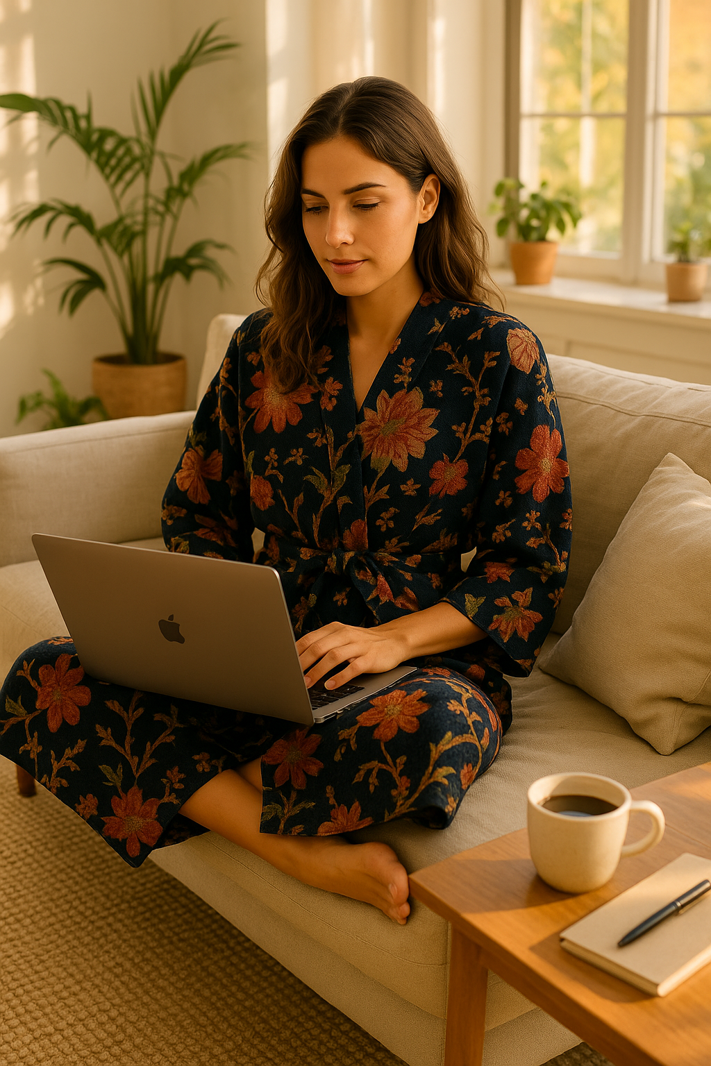 Midnight Bloom Waffle Cotton Kimono Robe - Navy Floral