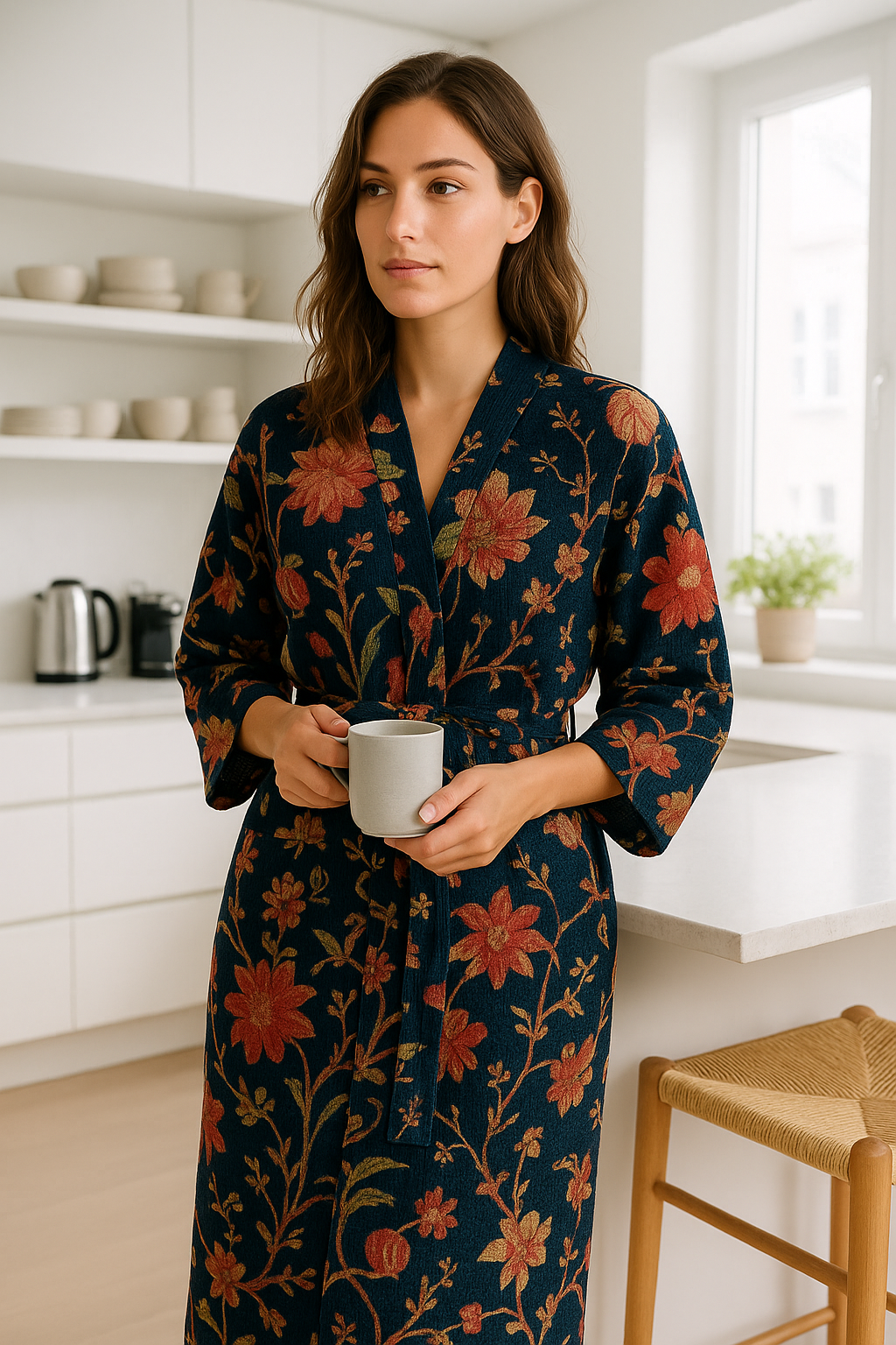 Midnight Bloom Waffle Cotton Kimono Robe - Navy Floral