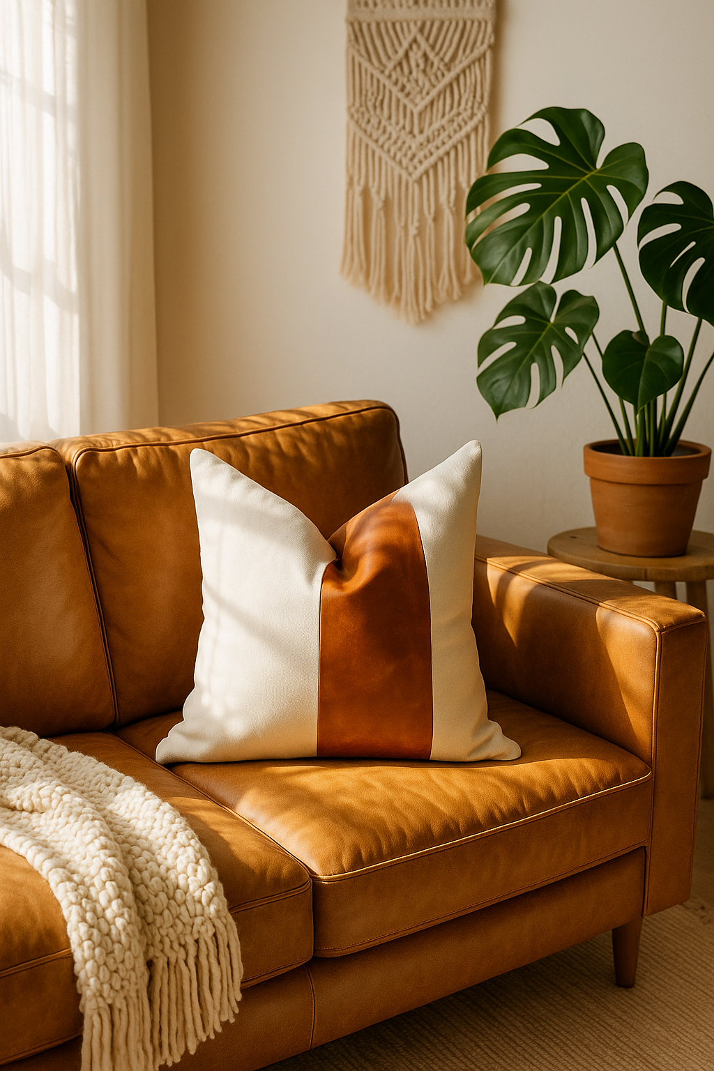 Handmade tan leather and cotton stripe cushion on brown leather sofa with cozy throw blanket