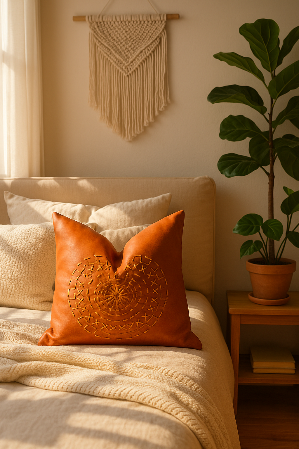 Rustic living room with tan mandala leather cushion on armchair