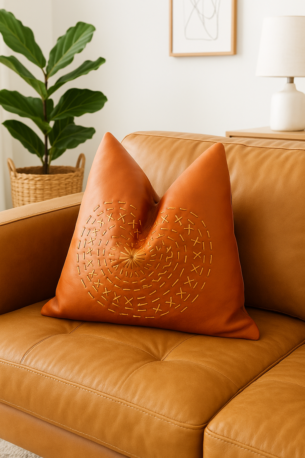 Boho décor setup featuring mandala stitched tan leather cushion with plant