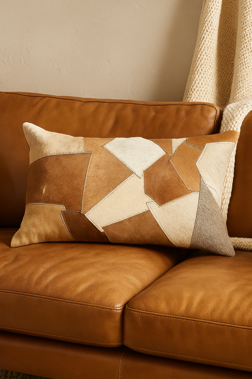 Handcrafted cowhide leather lumbar cushion cover in natural tan tones - Linen