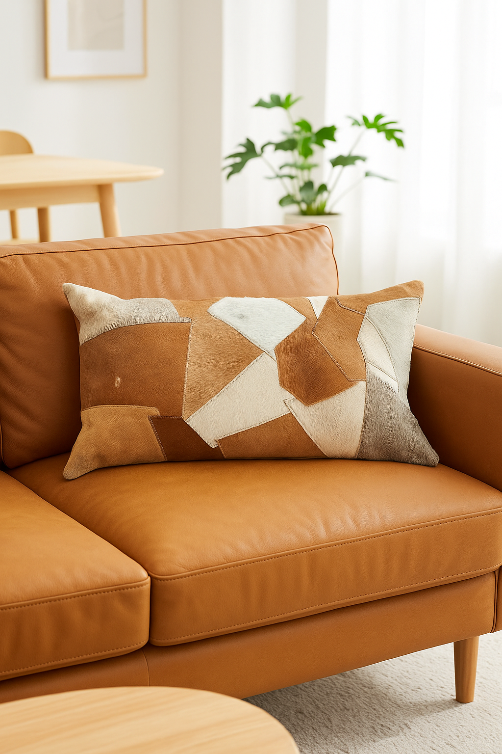 Natural tan cowhide lumbar pillow - handmade leather home decor accent by Linen
