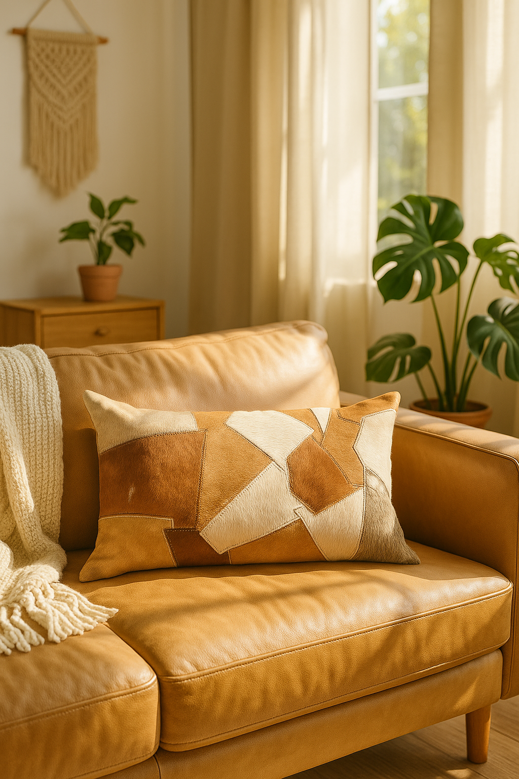 Genuine cowhide leather cushion cover with soft hair-on finish - modern rustic style