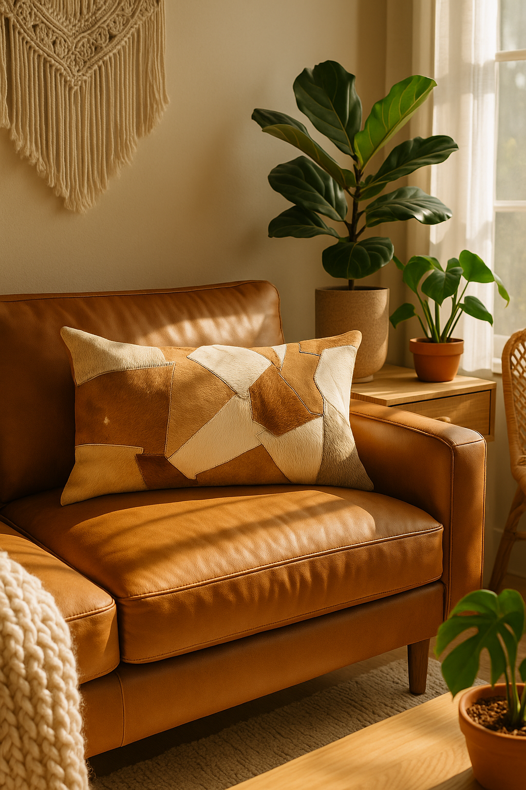 Rustic cowhide leather cushion cover featuring natural texture and warm earthy tones