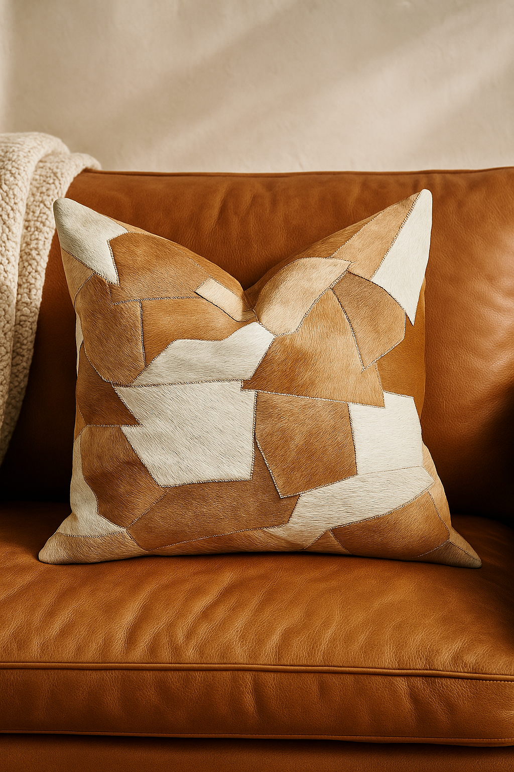 Patchwork cowhide leather cushion cover in tan and cream tones styled on caramel leather sofa