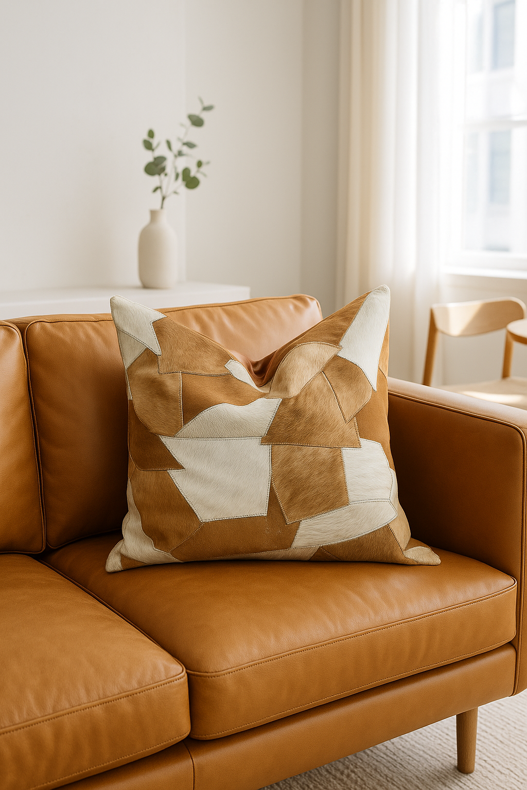 Genuine cowhide leather patchwork cushion on warm-toned interior sofa near fireplace