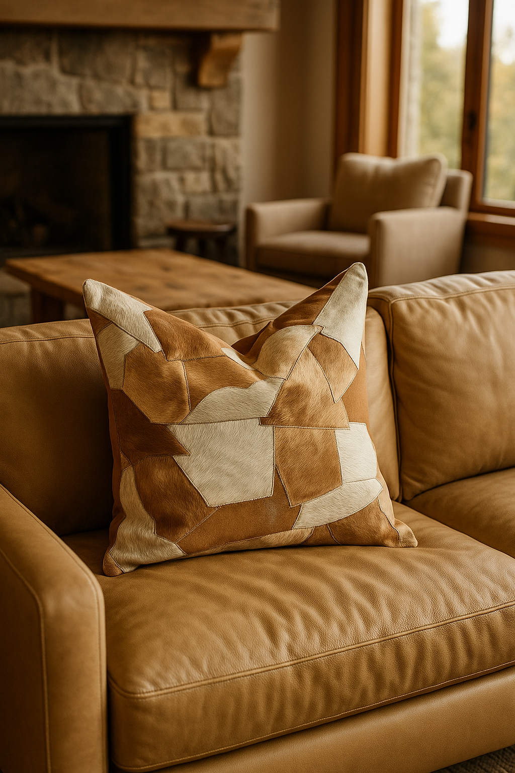 Handcrafted cowhide cushion styled in natural light with neutral home decor