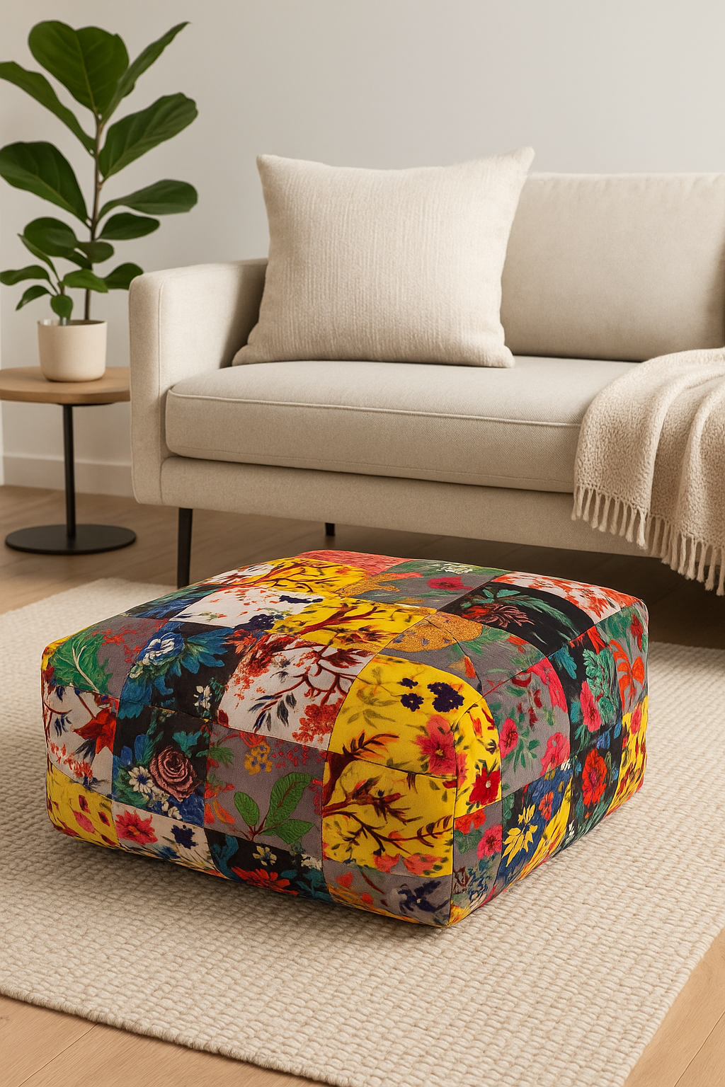 “Luxury boho velvet floor cushion in vibrant colours”