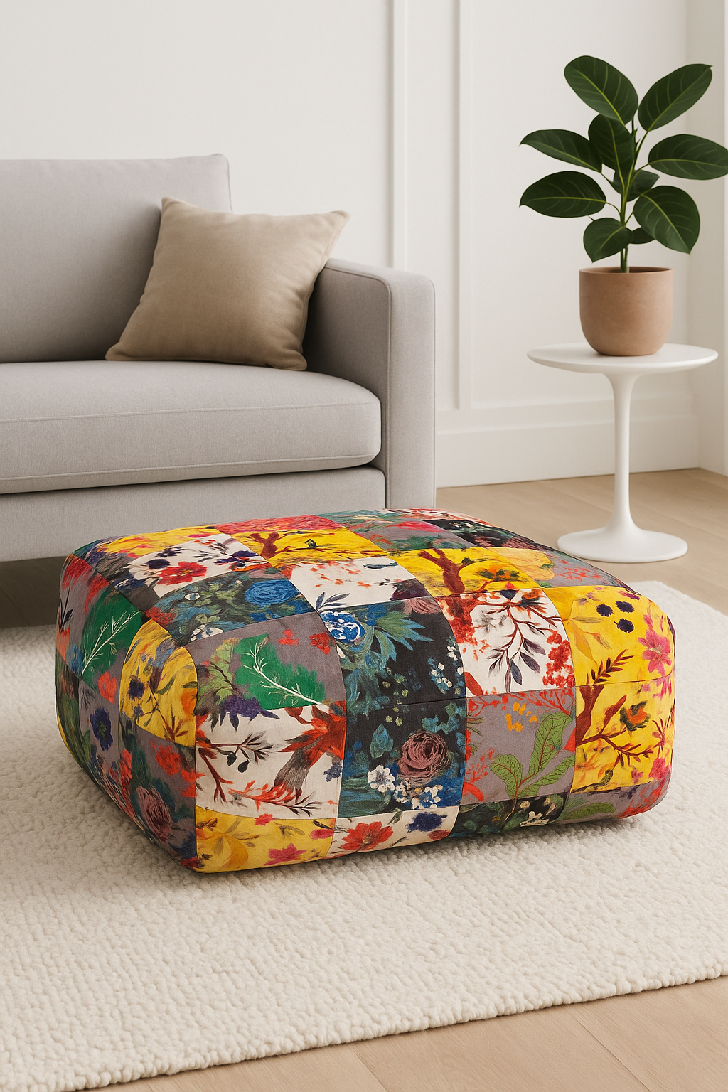 Colorful patchwork ottoman in a living room setting with a sofa and plant.