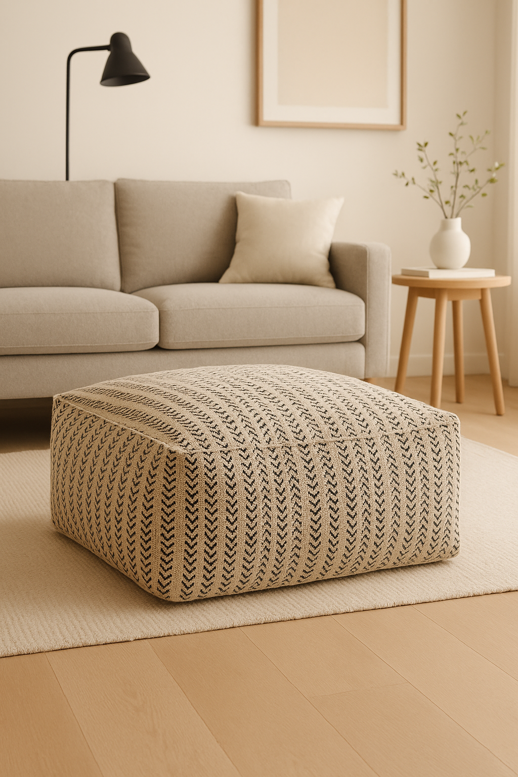 “Neutral boho cotton footstool by Linen Connections”