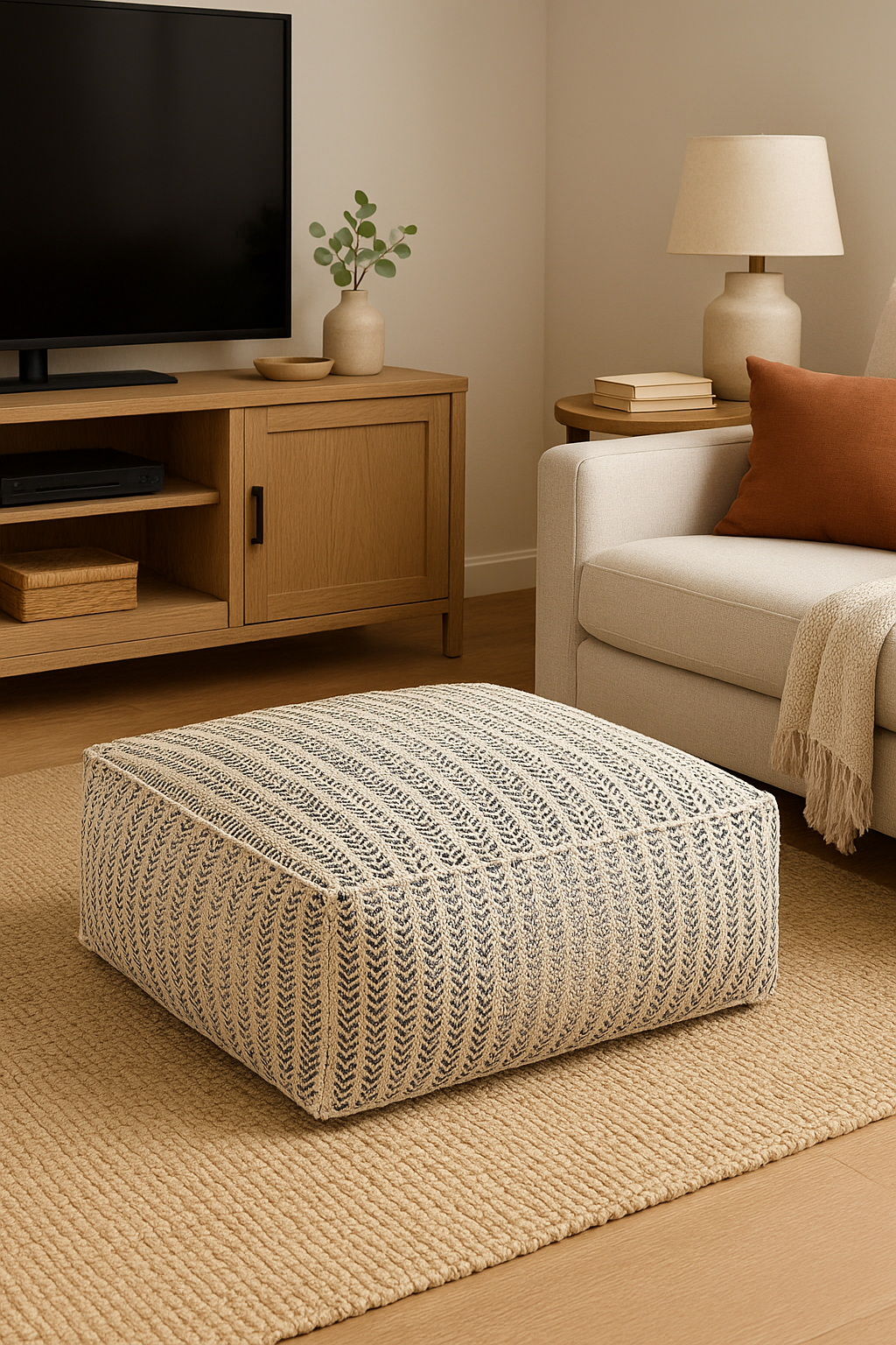 “Handwoven cotton ottoman pouf in natural living room”