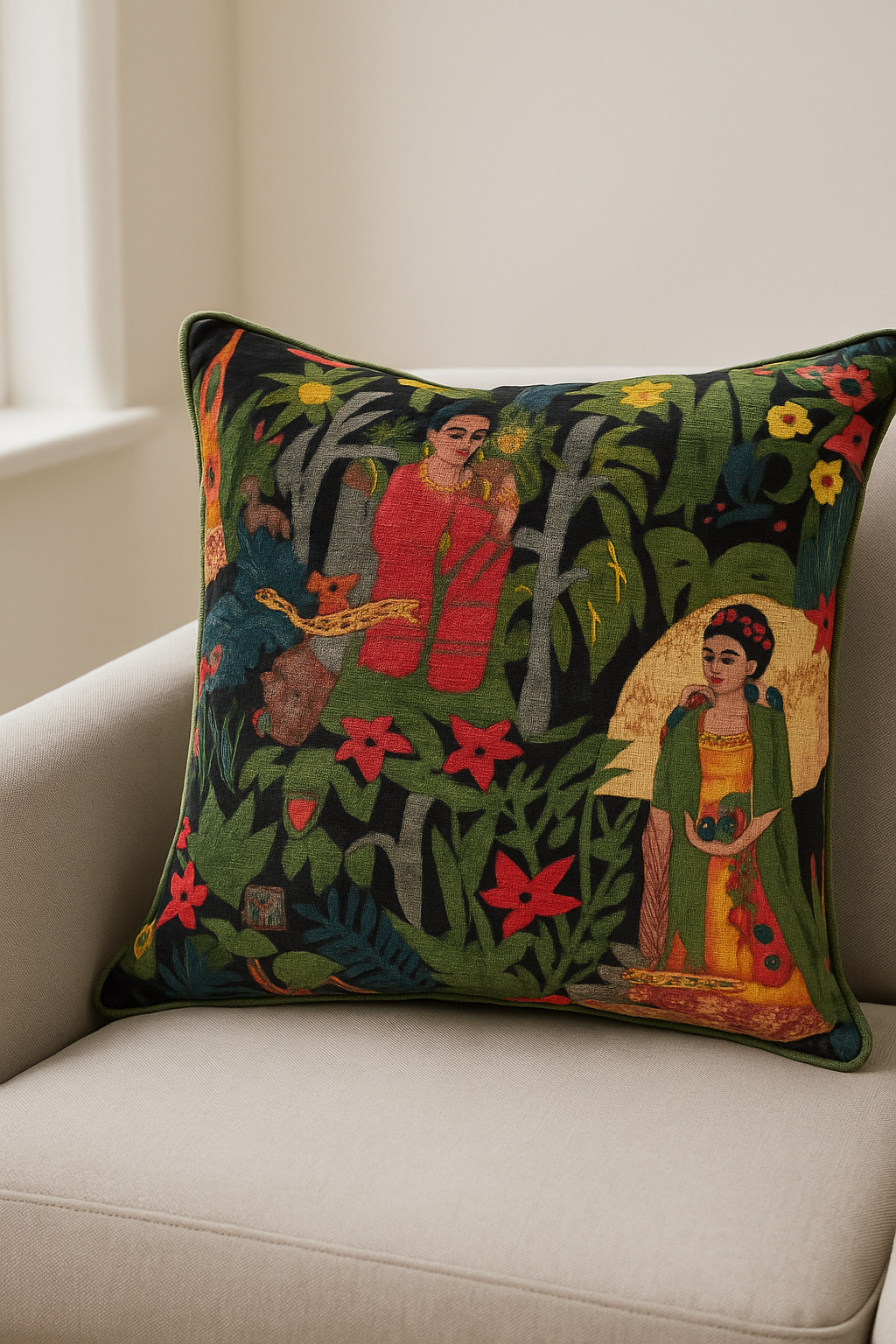 Velvet Frida Cushion Cover in black – artistic boho velvet cushion 45x45cm featuring Frida Kahlo design on armchair.