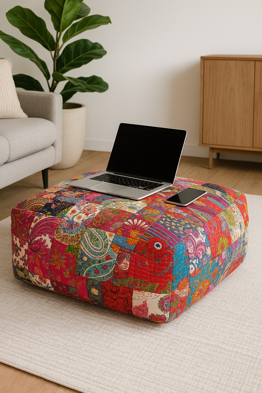 Handmade multicolour Kantha Ottoman Cover – patchwork pouf 75x75x30cm for boho lounge décor.