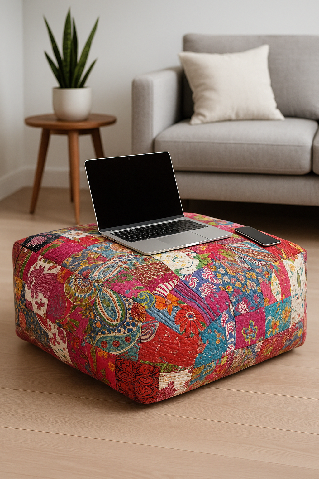 Colourful Kantha Patchwork Ottoman – artisan cotton pouf for living room or bedroom.