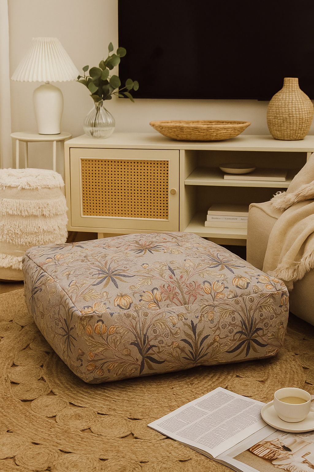 Floral cotton kilim ottoman cover – neutral botanical pouf in modern living room décor.