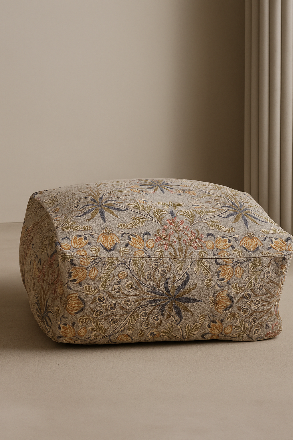 Decorative ottoman with floral patterns on a beige background