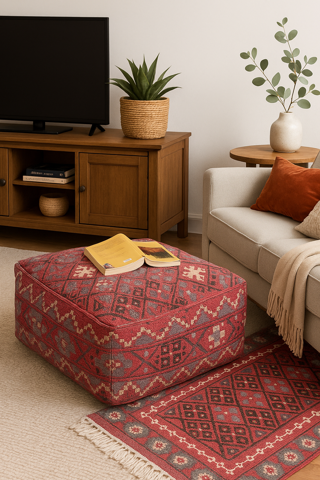 Handcrafted red and grey kilim pouf cover – boho home décor ottoman.