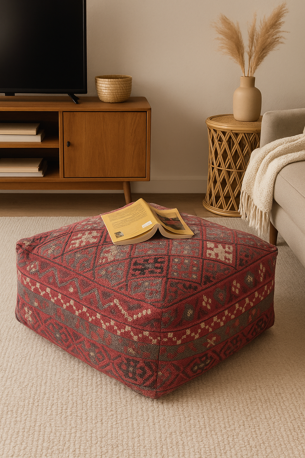 Traditional red kilim ottoman – 60x60x25cm floor cushion in modern lounge.