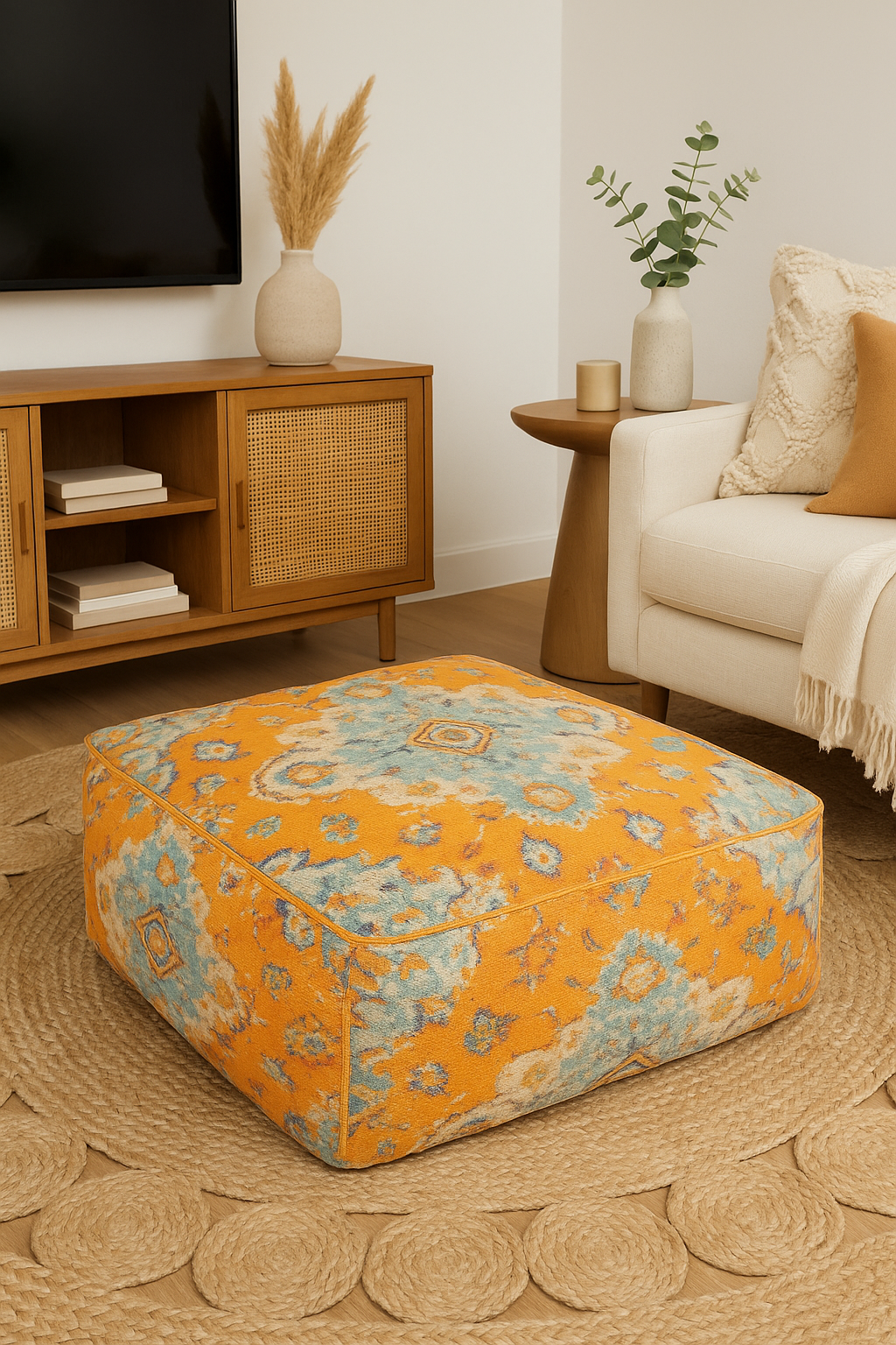 Orange cotton kilim ottoman cover – vibrant multicolour pouf for modern boho living room décor.
