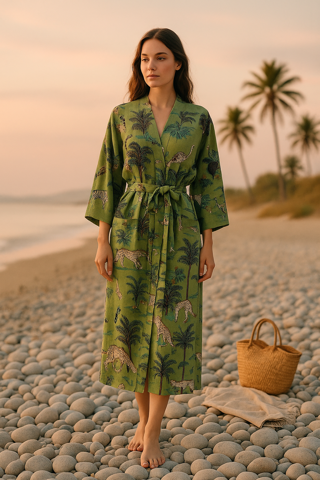 Lightweight green waffle kimono robe with adjustable waist tie, breathable cotton robe for spa, home and travel.