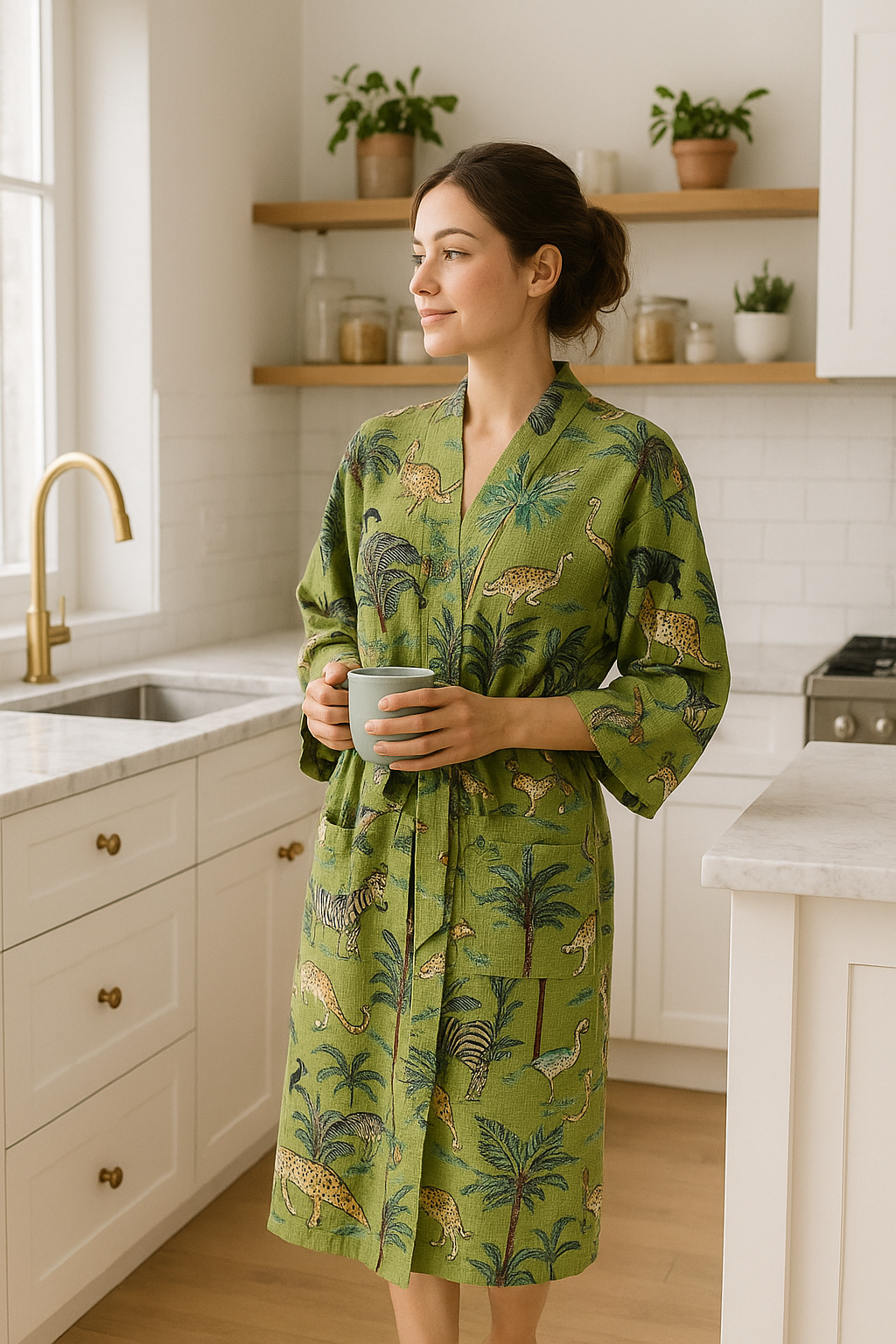 Women wearing green cotton waffle kimono robe with safari print, lightweight lounge and bath robe for everyday comfort.