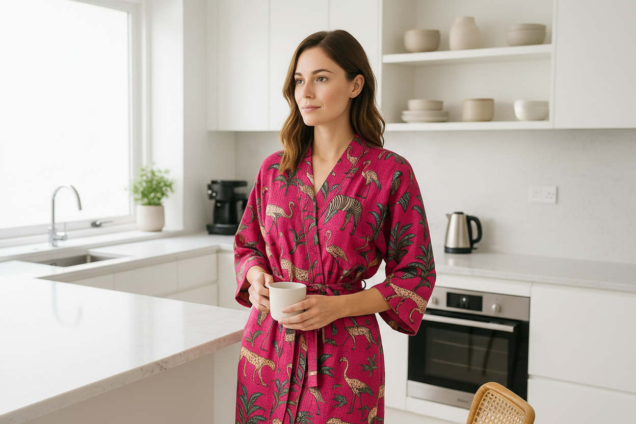 “Woman wearing red cotton waffle kimono robe with safari print in modern kitchen, holding coffee cup”