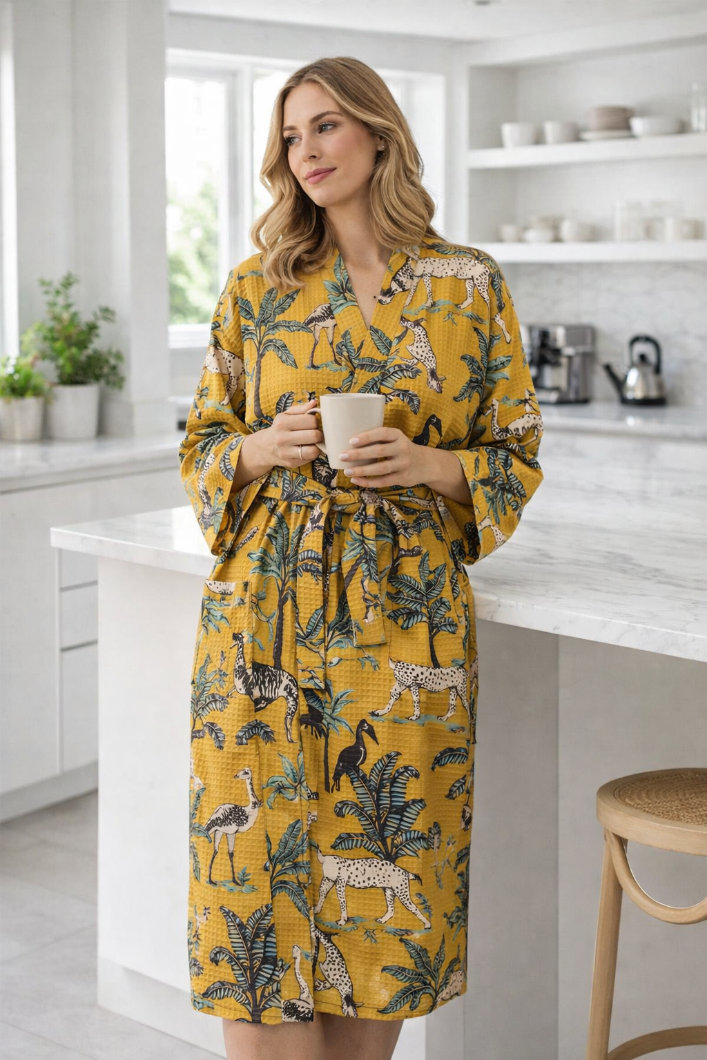 Mustard Cotton Waffle Kimono Robe – Safari Dressing Gown