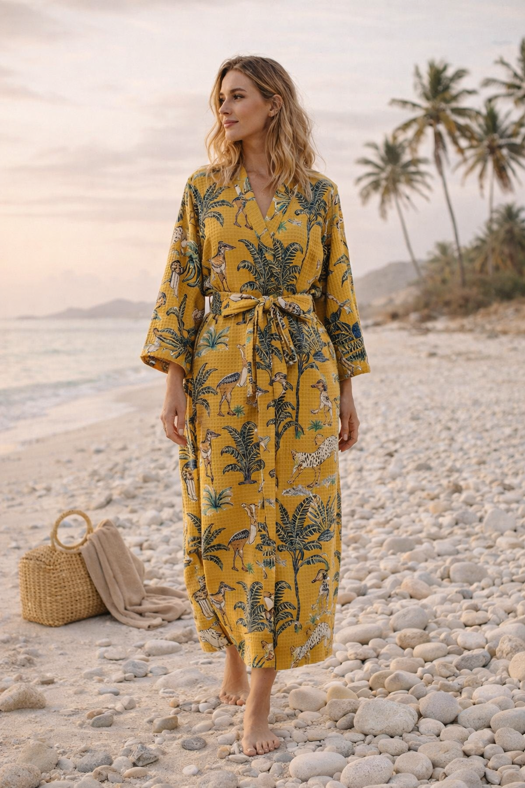 Mustard Cotton Waffle Kimono Robe – Safari Dressing Gown