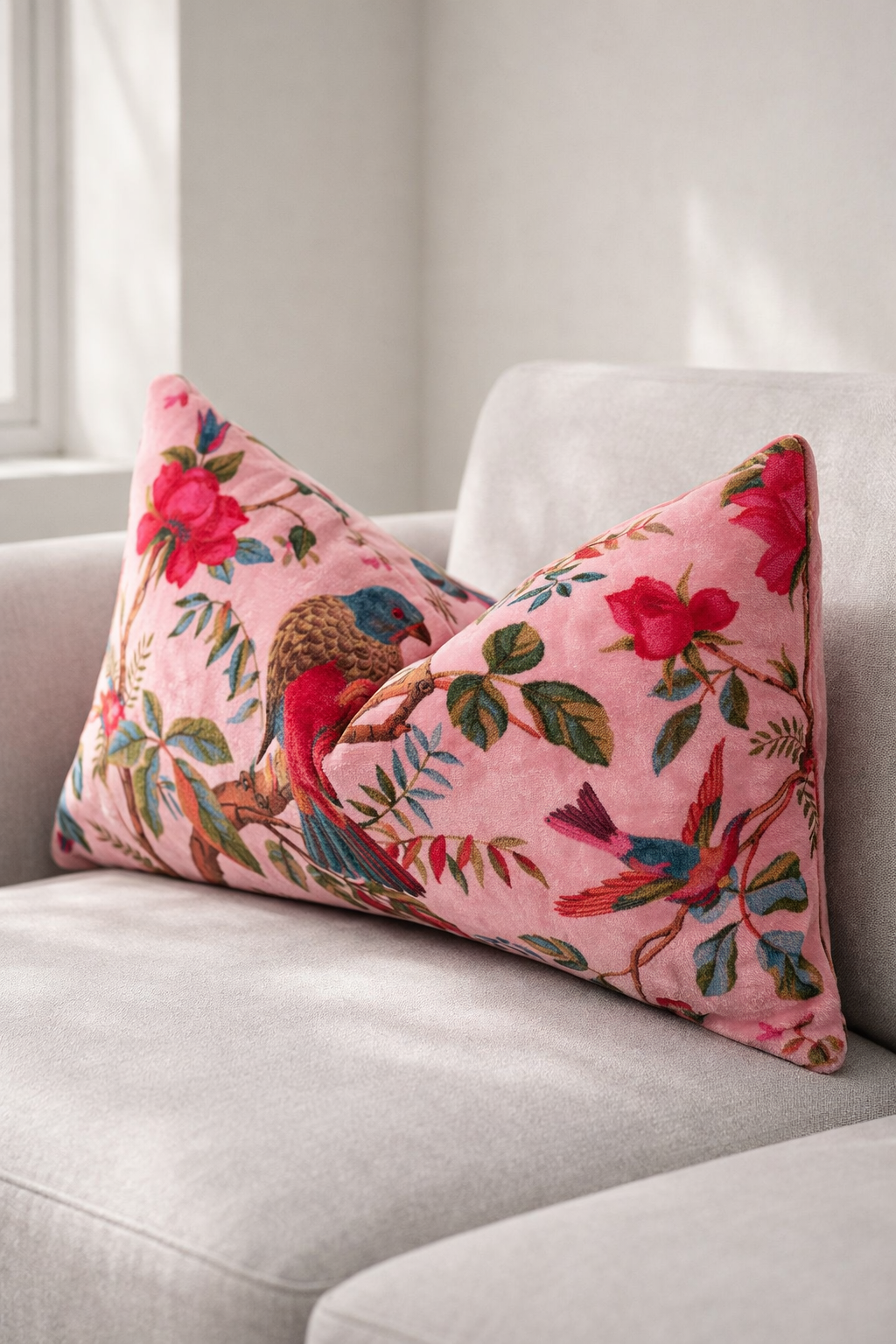 Blush pink velvet lumbar cushion cover with bird and floral print on leather sofa