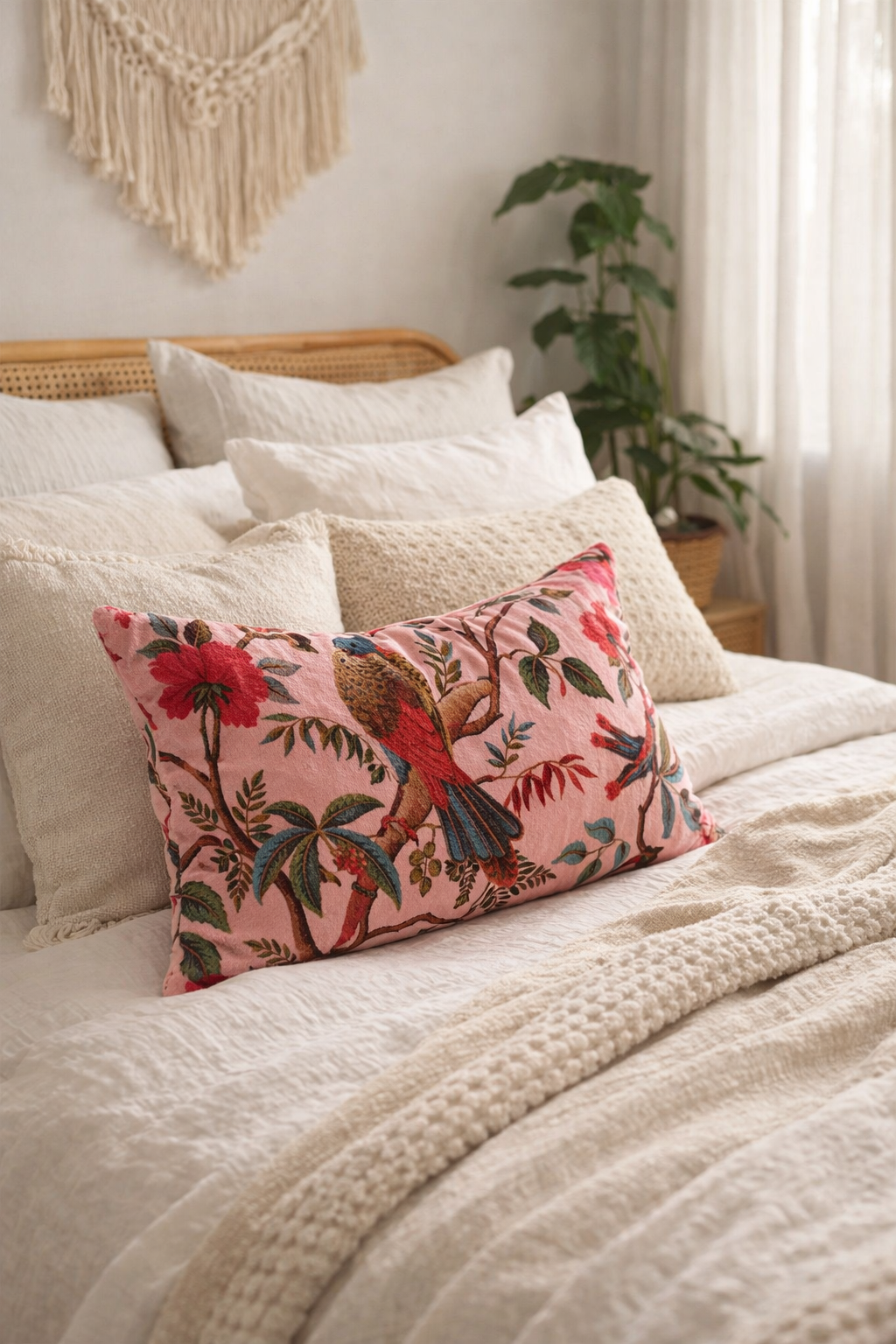 Two pink velvet lumbar cushions with bird and botanical floral print styled on light sofa