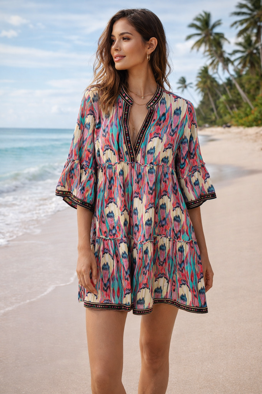 Woman on tropical beach wearing a vibrant ikat print cotton mini dress with flared sleeves and embroidered neckline.