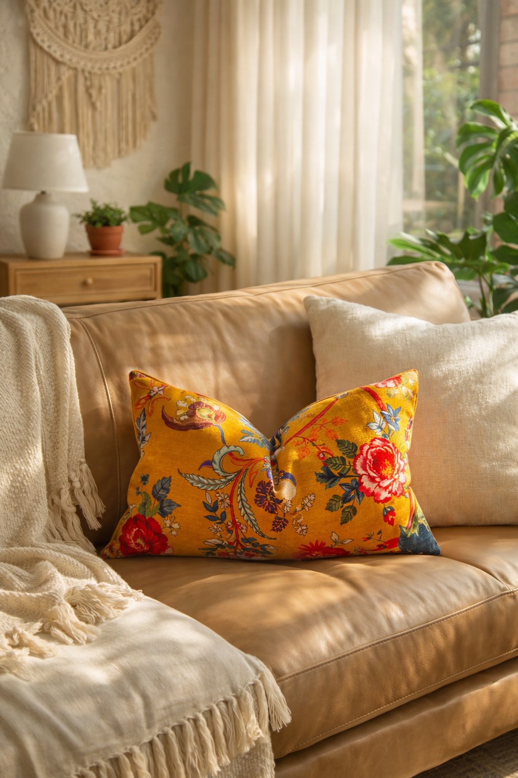 Decorative pillow on a beige sofa with a lamp, plants, and wall art in the background.