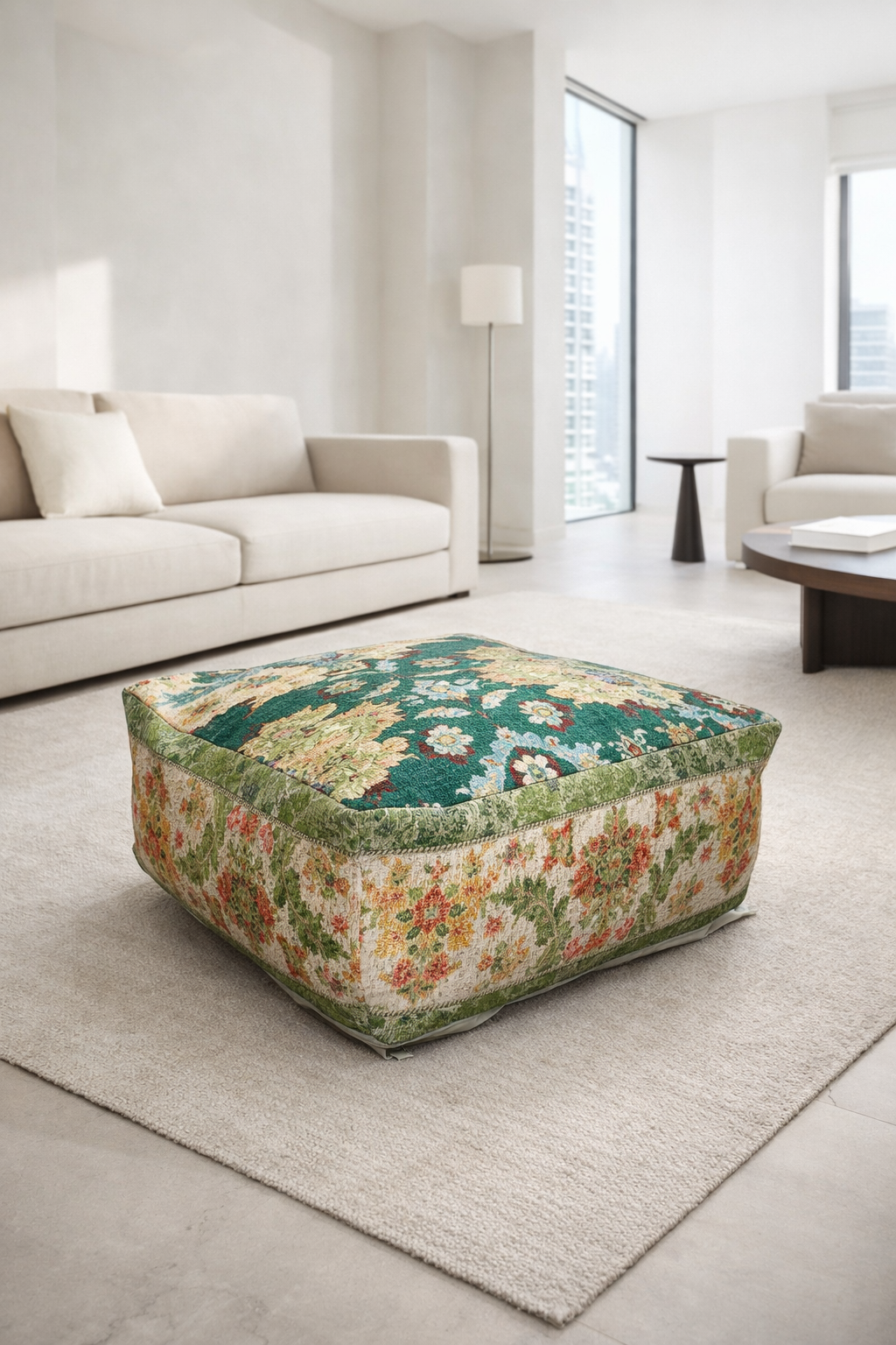 Vintage kilim ottoman cushion cover styled on neutral rug