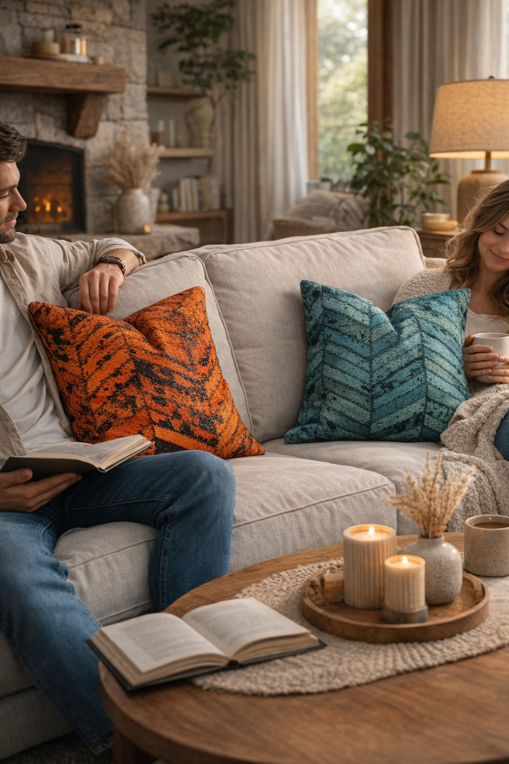 Decorative cowhide cushion covers set of 2 in teal and rust orange for living room