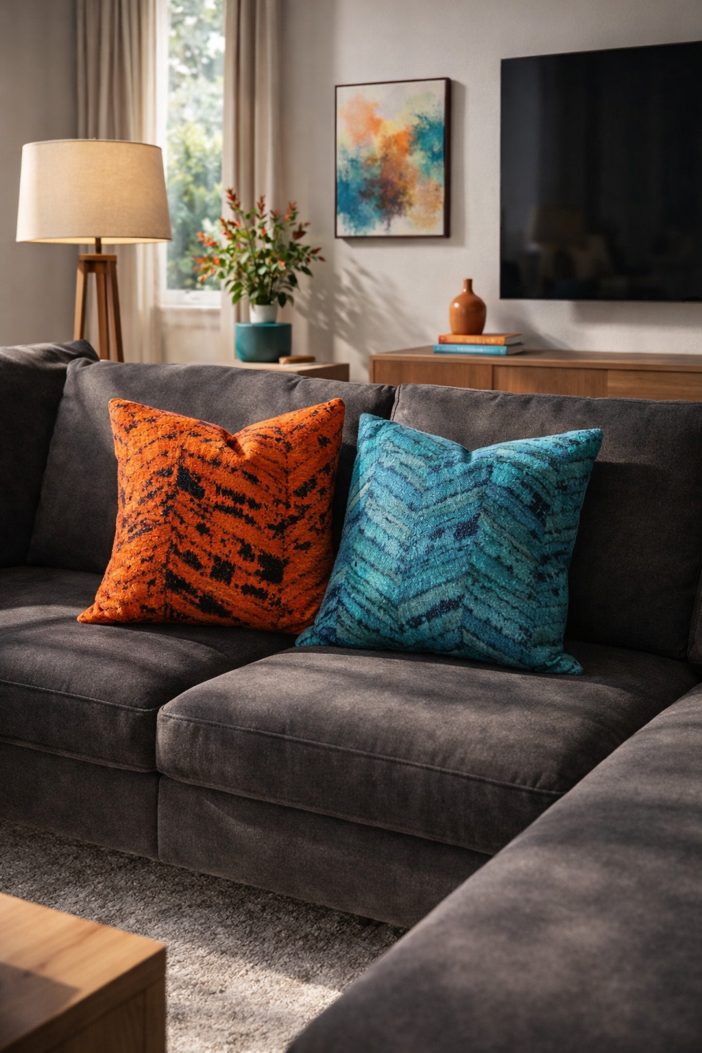 Luxury cowhide leather throw pillow covers with teal and rust chevron pattern