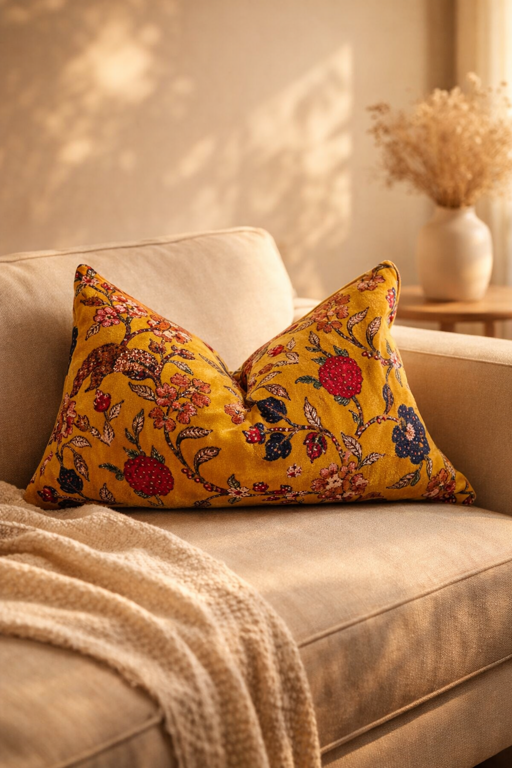 vintage floral mustard cushion styled on neutral couch with throw
