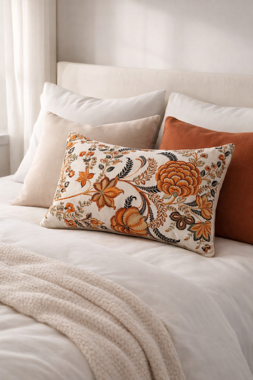 Decorative pillow with floral pattern on a bed with neutral-colored pillows.
Neutral home decor cushion floral velvet 50x30 lumbar pillow
Beige lumbar pillow cover styled with bedroom cushion decor