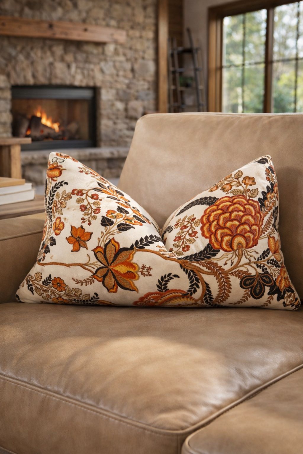decorative lumbar cushion with botanical pattern
Vintage floral lumbar cushion in beige velvet on armchair
Neutral decorative cushion cover with floral pattern on bed
