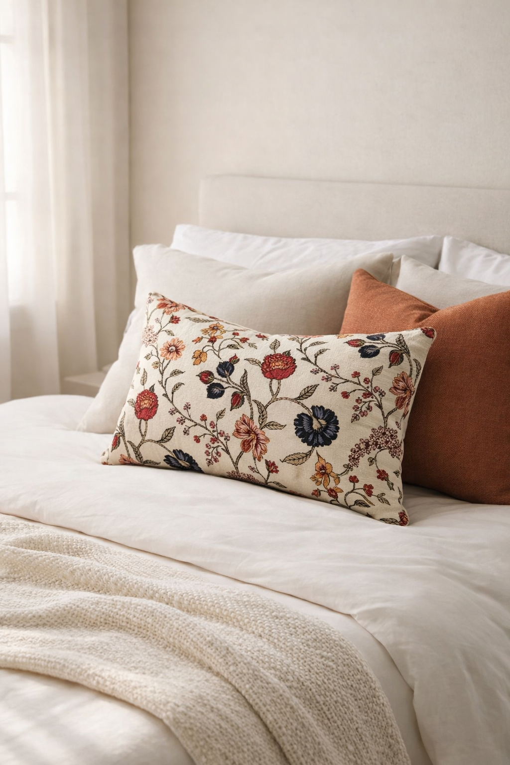 Bedroom cushion decor neutral velvet floral lumbar cushion
Interior styling cushion beige floral velvet rectangular pillow
Boho cushion cover beige floral velvet in living room styling