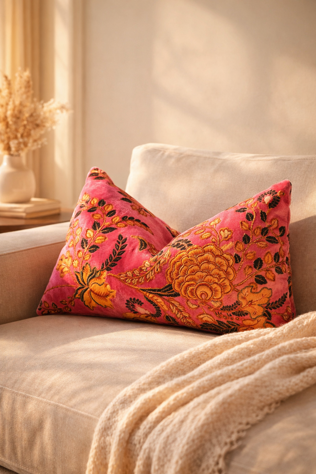 close up of pink velvet cushion with intricate floral pattern