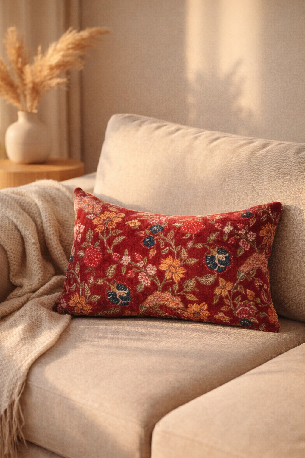 crimson floral velvet lumbar cushion on neutral sofa
