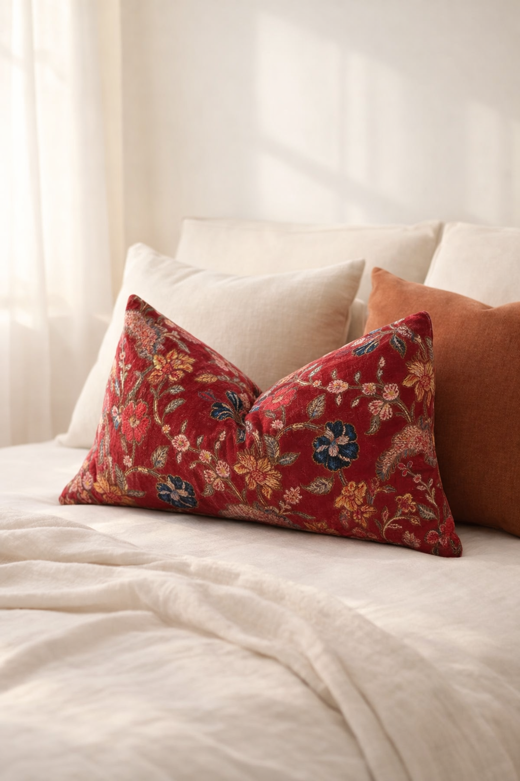 lumbar cushion styling on bed with layered pillows