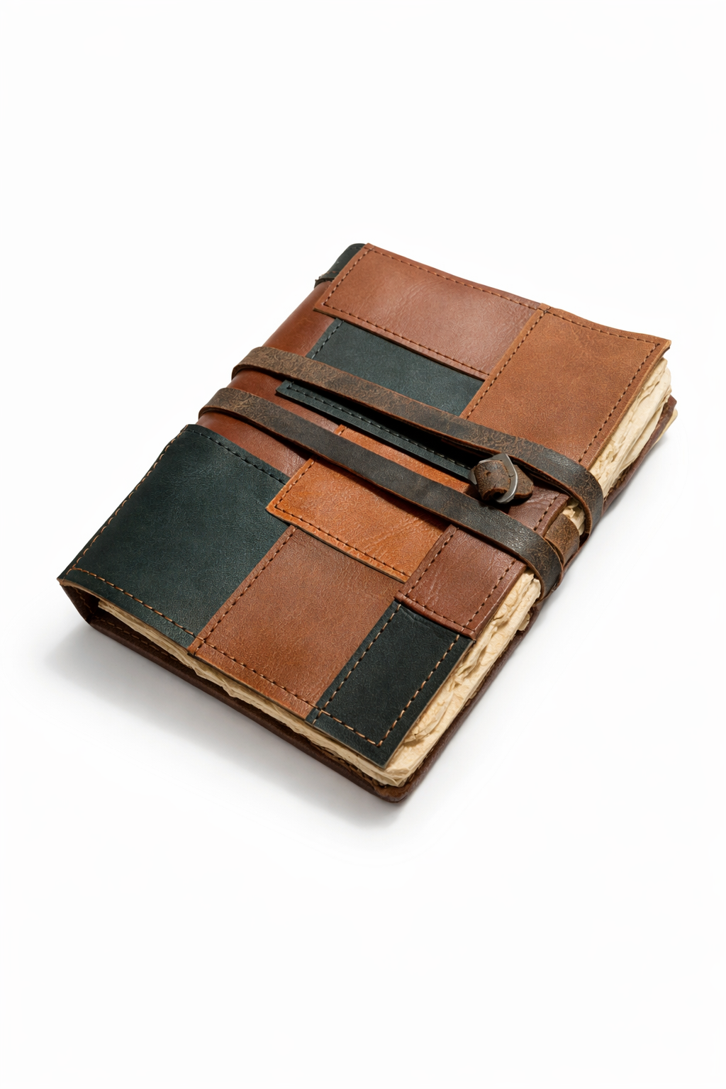 Artisan leather patchwork diary with wrap strap closure and deckle edge pages for journaling and sketching