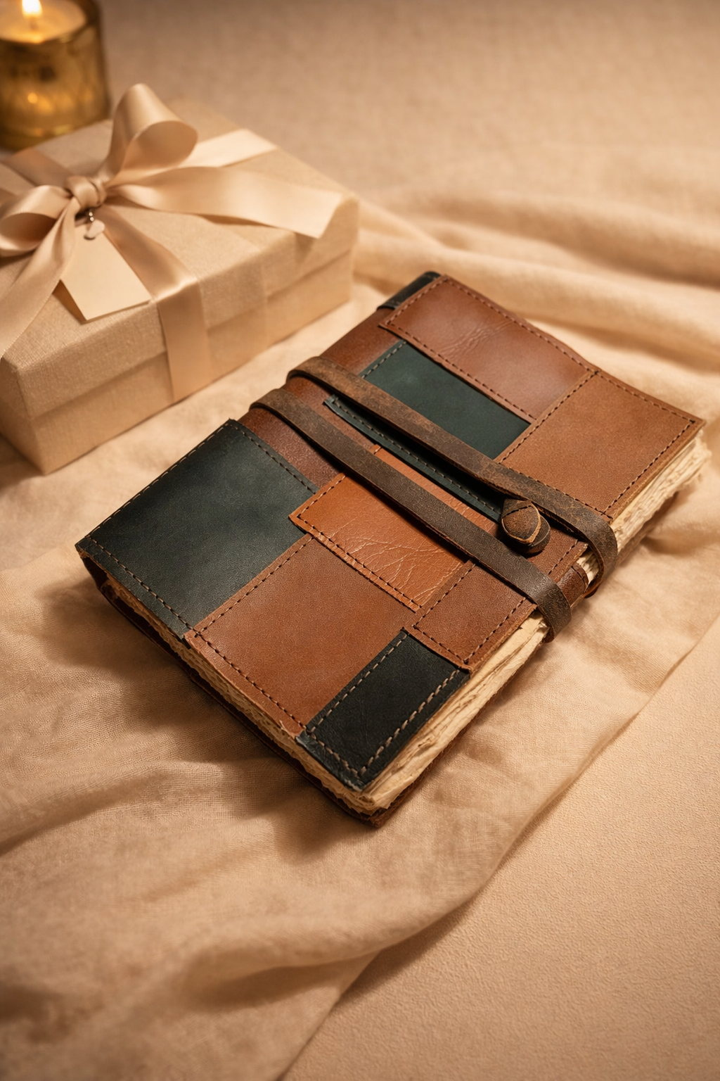 Vintage handmade leather journal with patchwork cover and wrap closure, rustic writing notebook