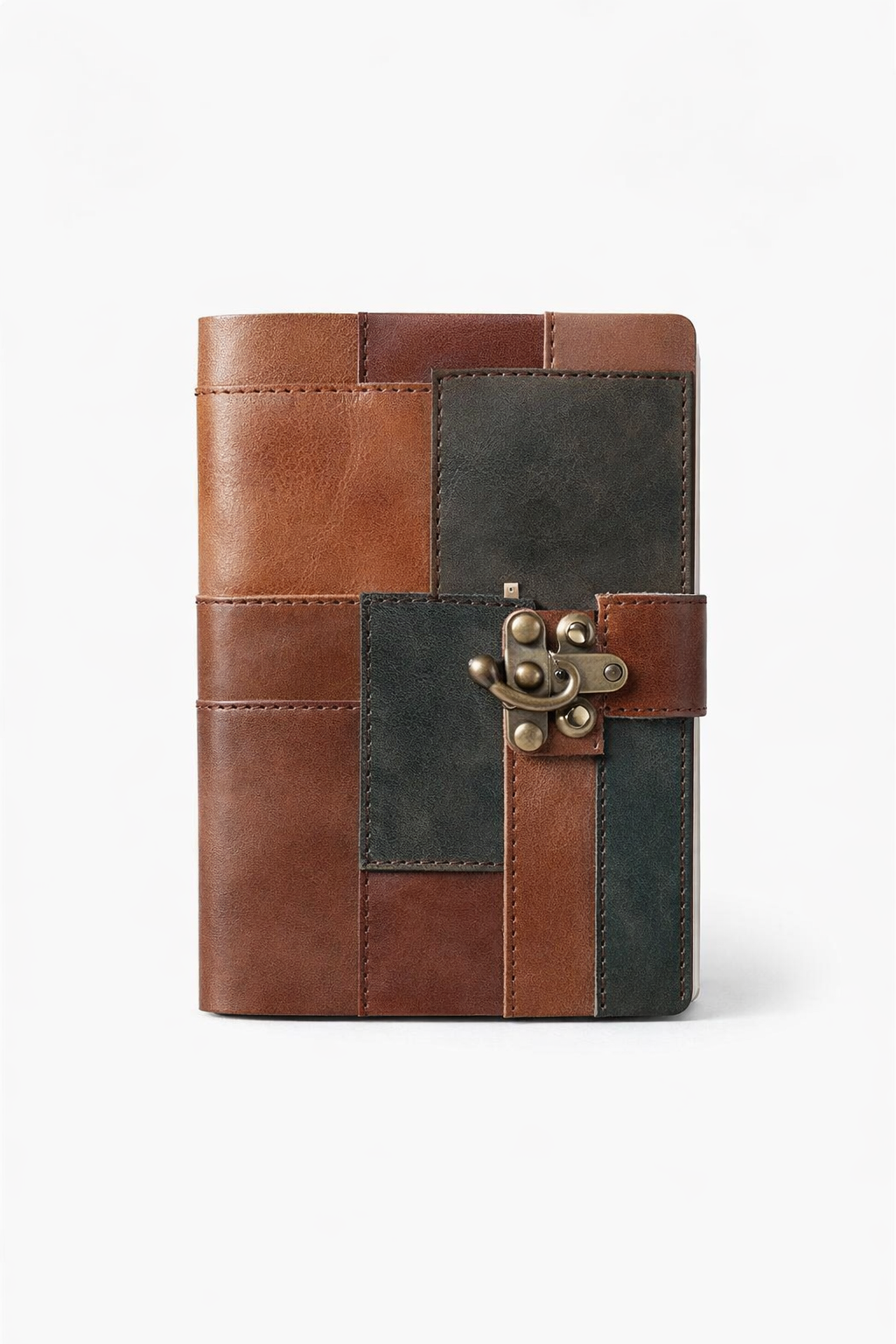 Premium handmade leather notebook with patchwork cover and antique clasp, ideal for journaling