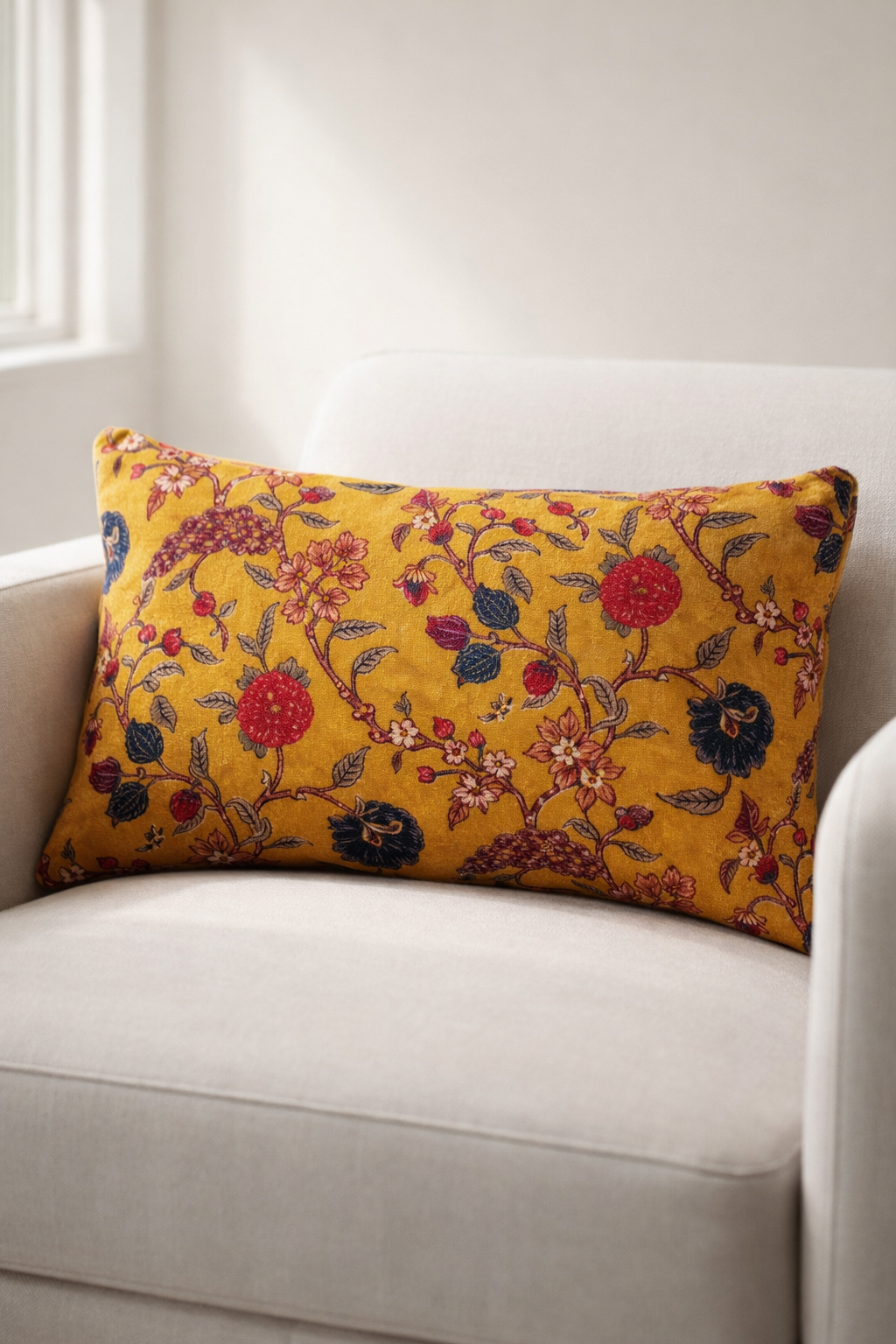 mustard floral velvet cushion on beige sofa with warm sunlight