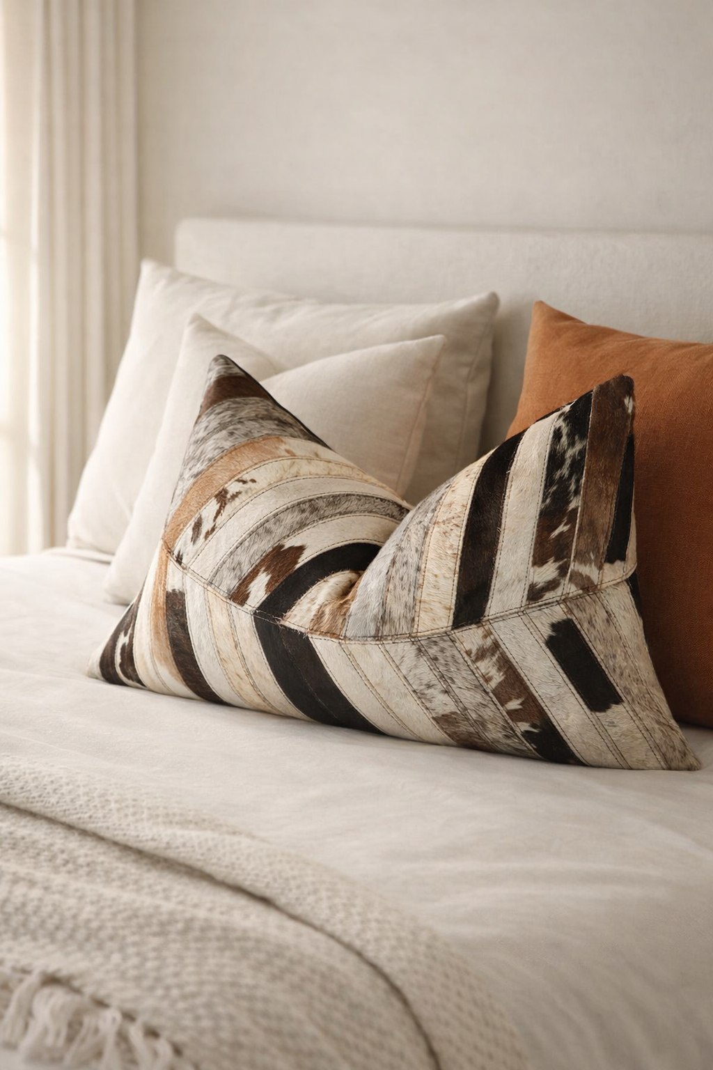Handmade leather cushion cover with natural cowhide texture