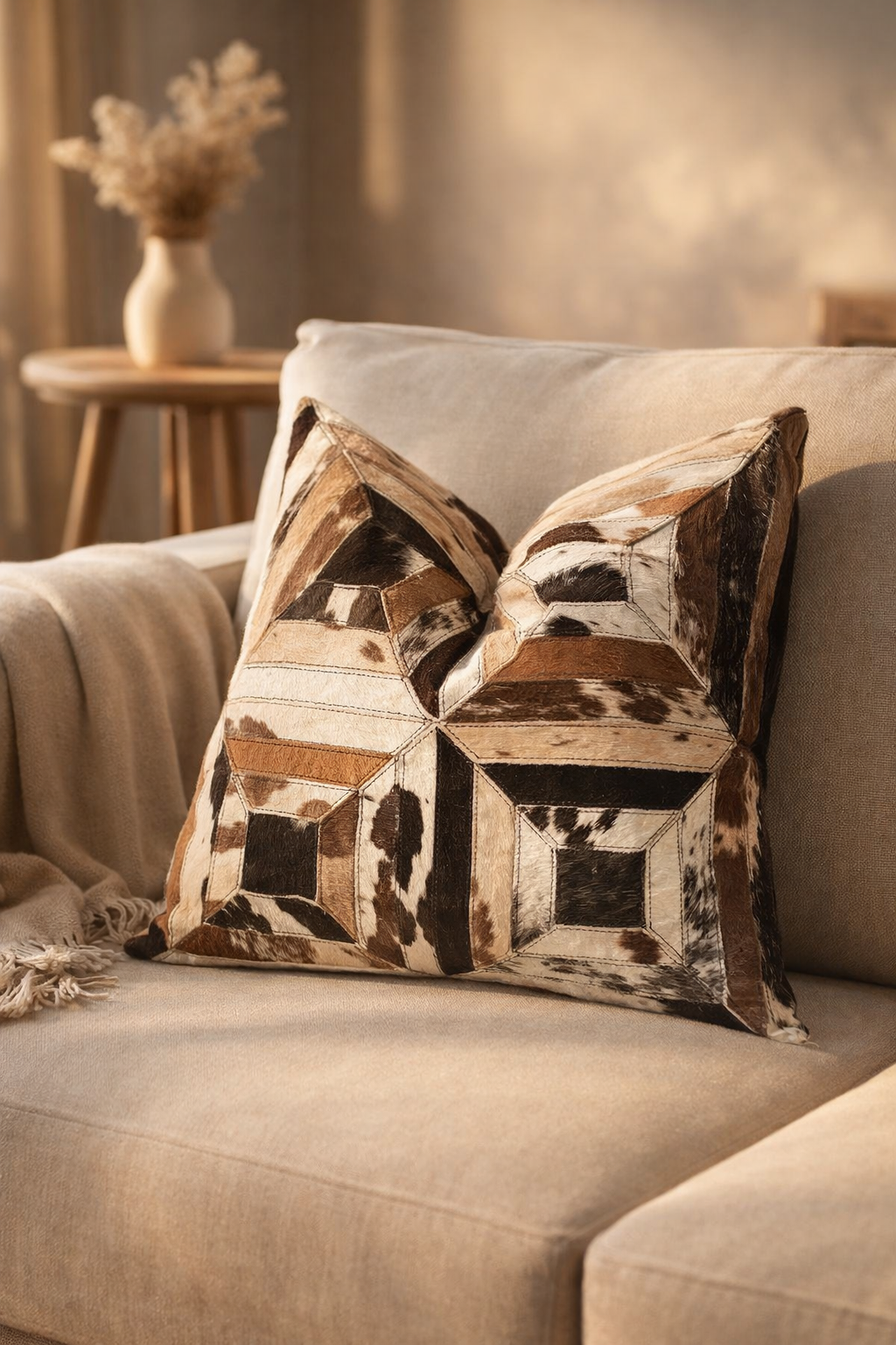 handmade cowhide patchwork cushion cover 45x45cm on beige sofa