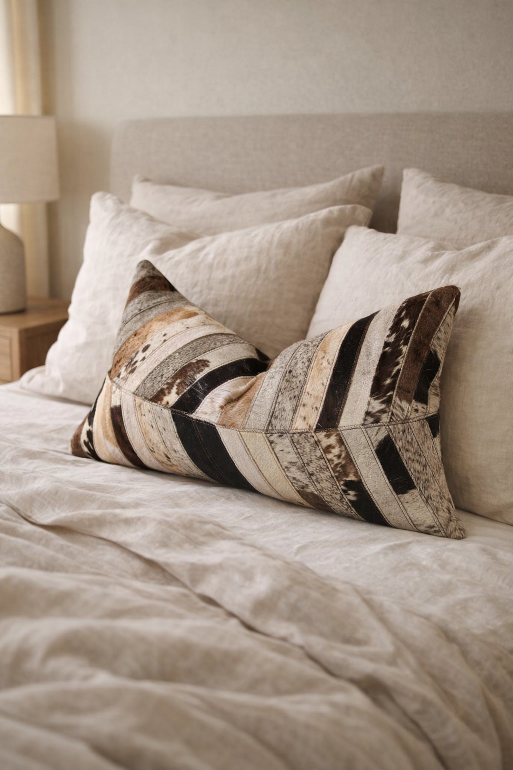 Vintage cowhide cushion cover styled on modern bed